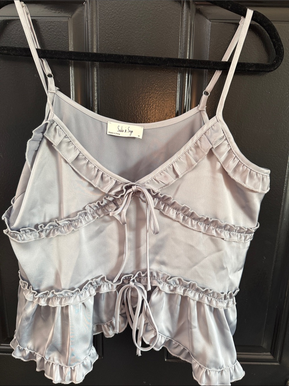 Sadie & Sage Dusty Blue Ruffle Tie-Front Satin Cami